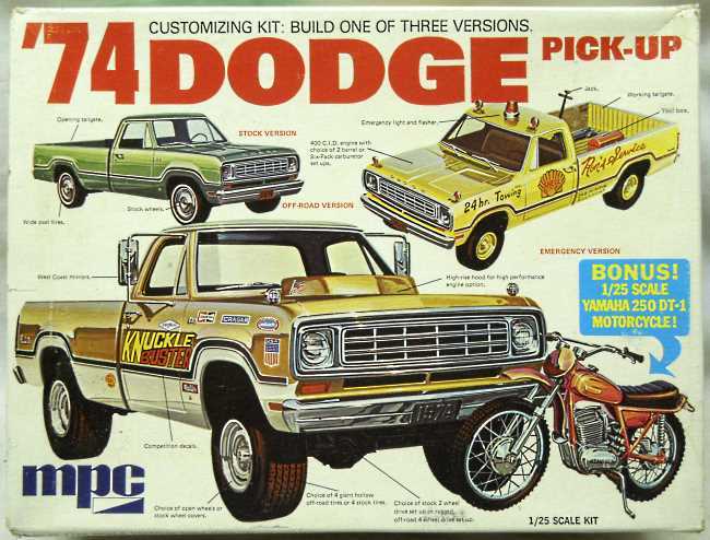 MPC 1/25 1974 Dodge Pick-up Truck With Yamaha 250 DT-1 Motorcycle - Stock Pickup / Off Road Knucke Buster Version / Shell Gas Station Emergency Service Truck, 1-7409 plastic model kit